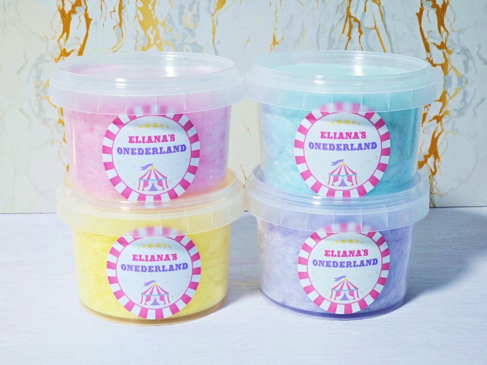 Carnival Theme flavoured fairy floss tub party favour with personalised label