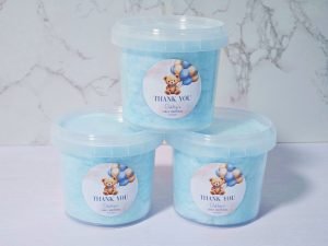 Teddy First Birthday themed personalised fairy floss tub party favour