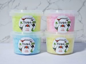 Dinosaur themed personalised fairy floss cotton candy tub