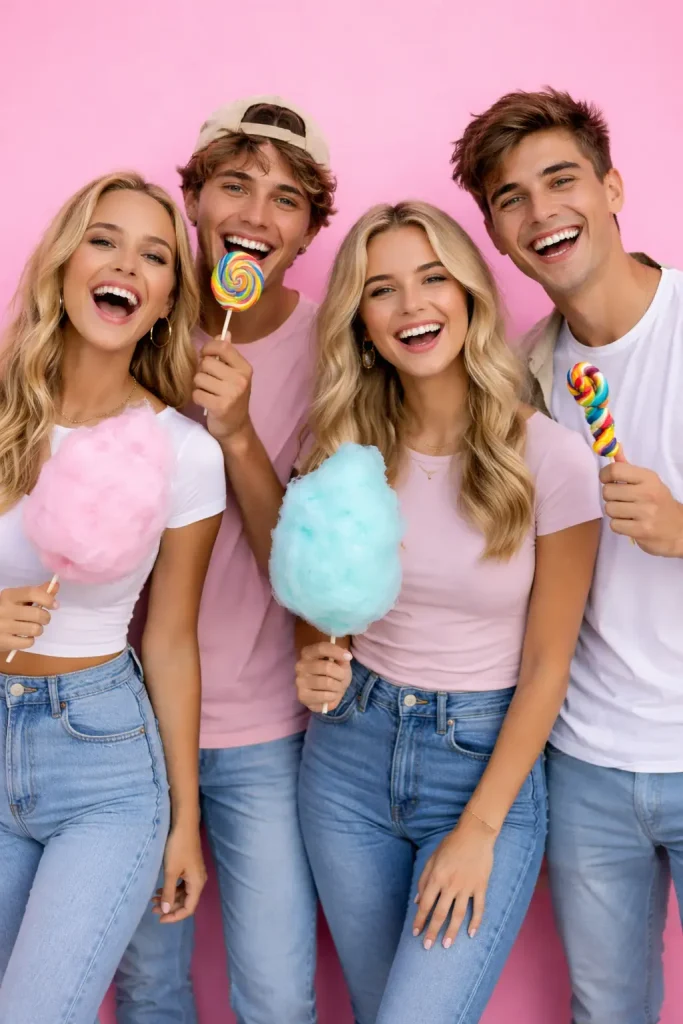 Friends celebrating with fairy floss, cotton candy and personalised sweet treats