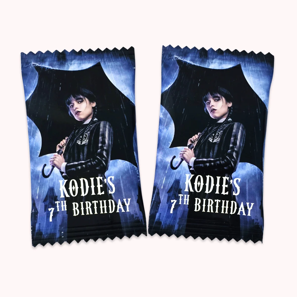 Dark themed personalised party candy packs inspired by gothic birthday theme.