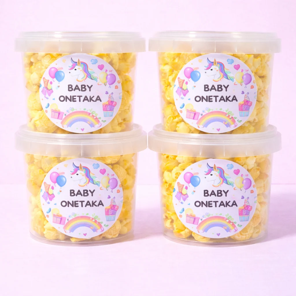 Caramel popcorn tubs with personalised labels for weddings and events