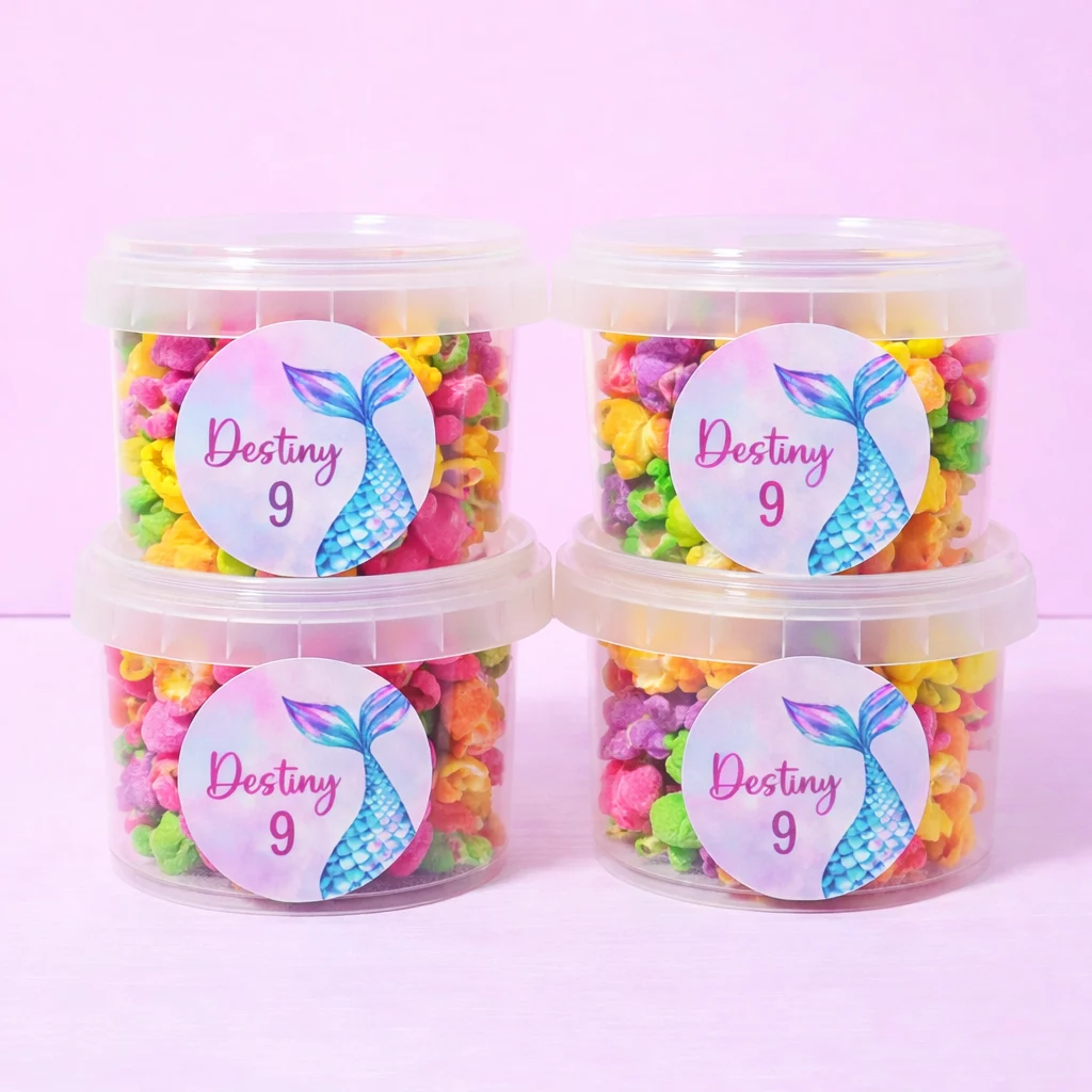 Coloured popcorn tubs with personalised labels for party favours