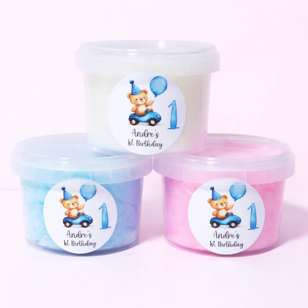 Colourful fairy floss tubs with personalised labels for events