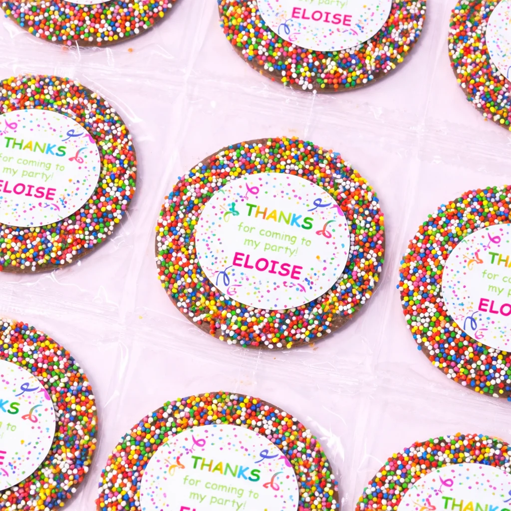 Colourful giant chocolate freckles with rainbow sprinkles