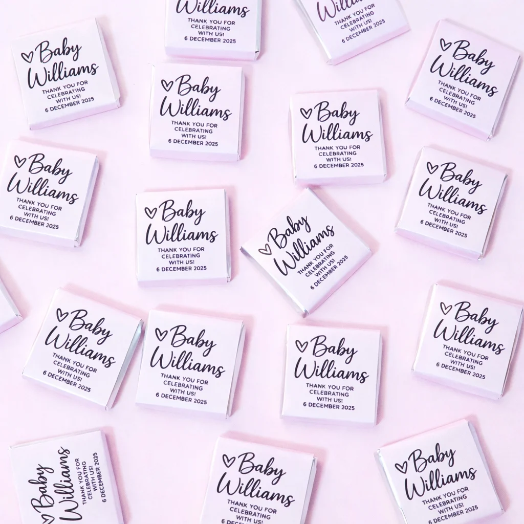 Mini chocolates with custom wrapper designs for guest gifts