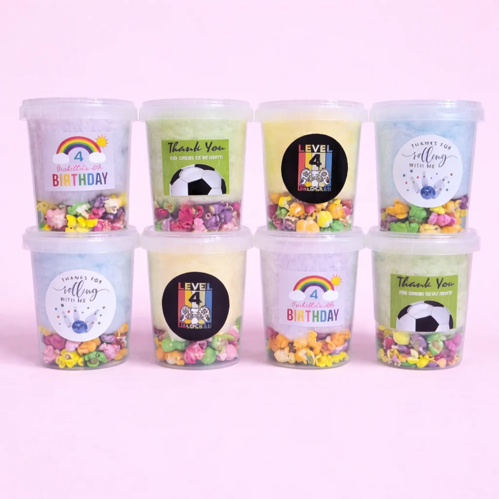 Fairy floss and popcorn Fun Tub with personalised label