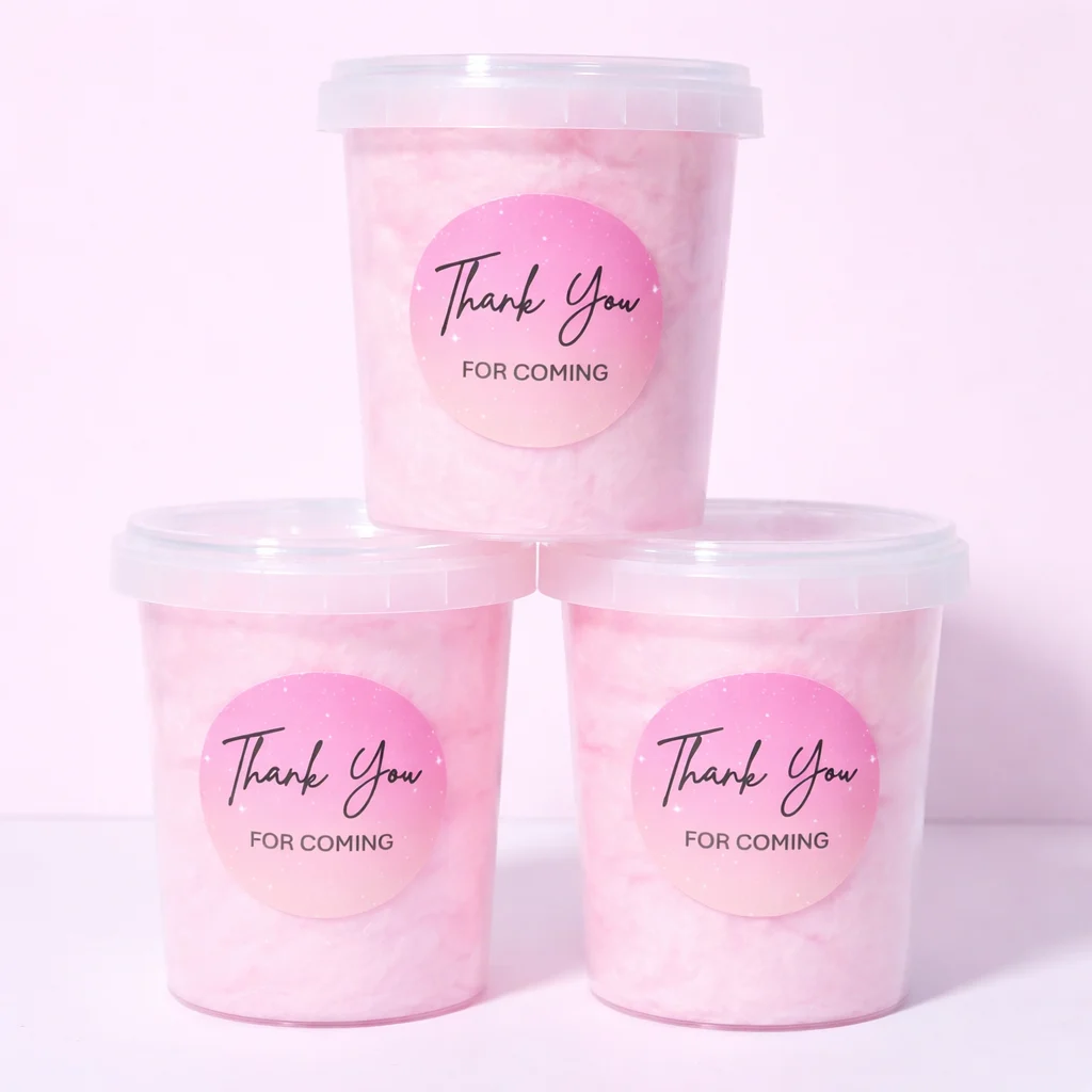 Fairy floss party tubs with personalised labels for celebrations