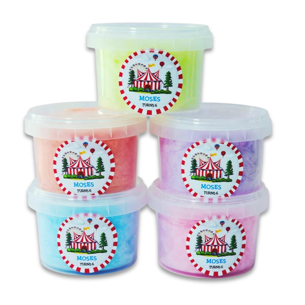 Personalised fairy floss tubs with custom labels for celebrations
