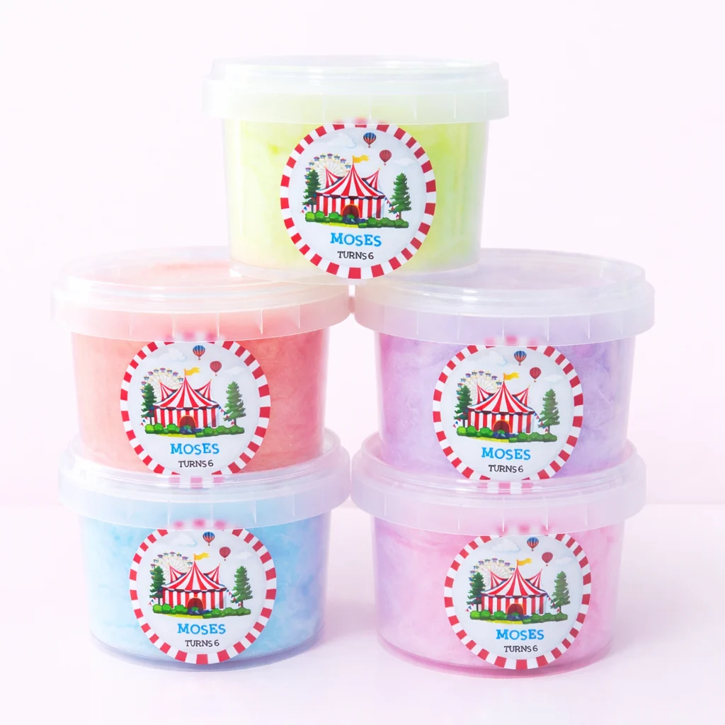 Fairy floss tubs with personalised labels for birthday party orders