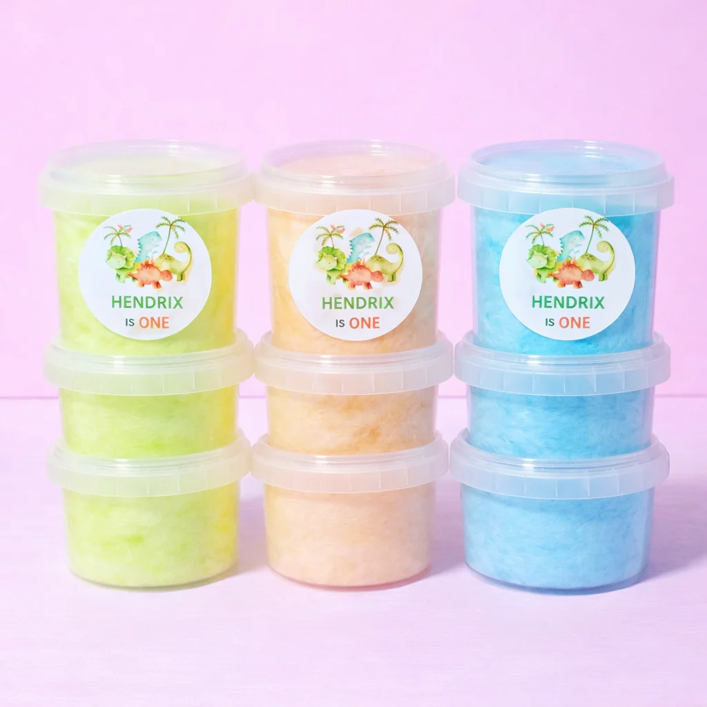 Fresh fairy floss tubs with personalised labels for guest favours
