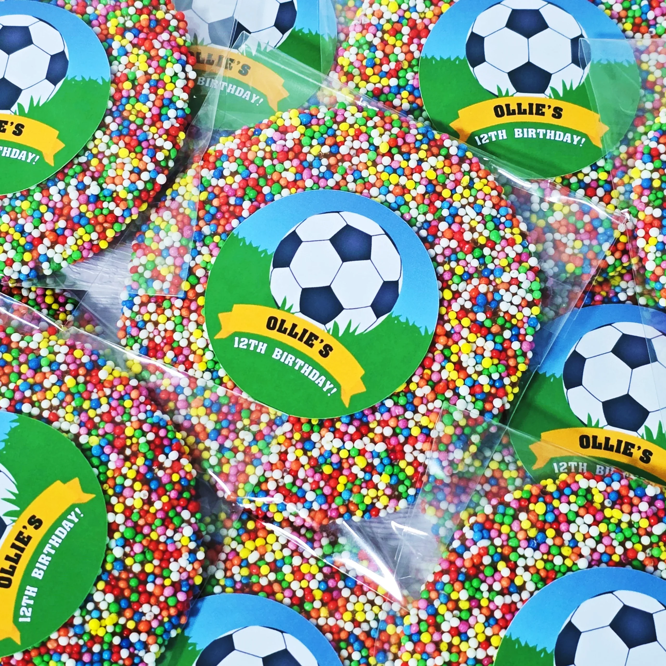 Giant freckles with personalised labels for party orders