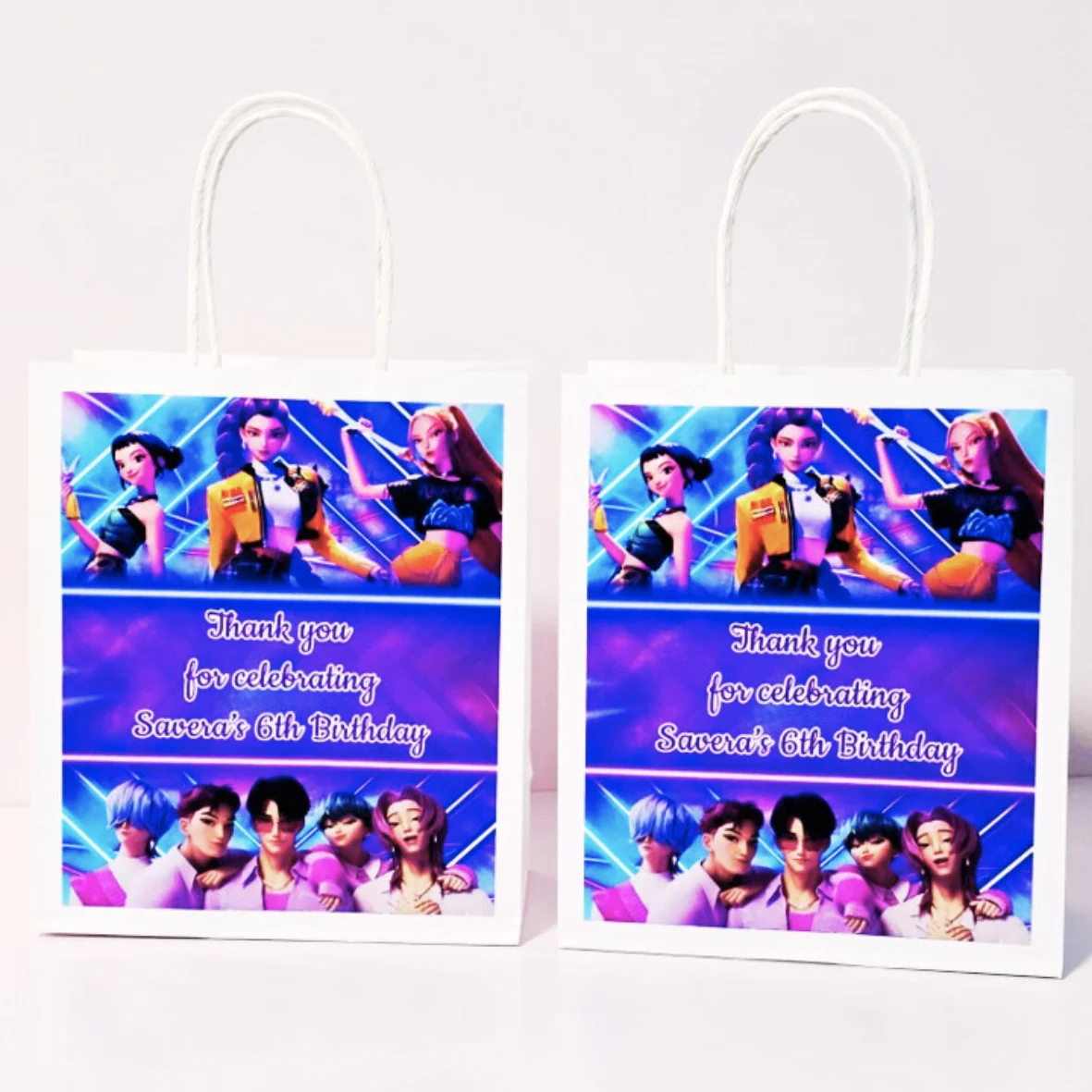 Personalised K-pop themed party gift favour bags with custom birthday design and vibrant colours.