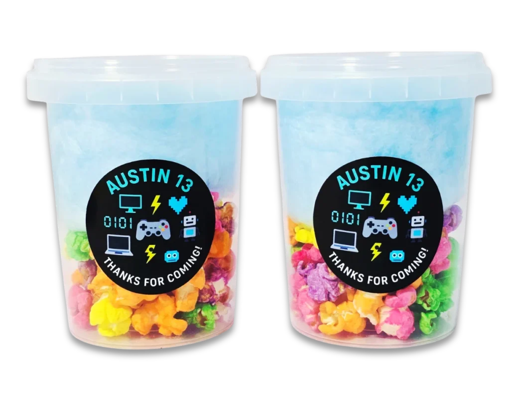 Fun tubs with personalised fairy floss and popcorn party treats