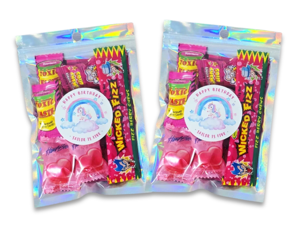 Personalised lolly bags filled with sweets for party favours