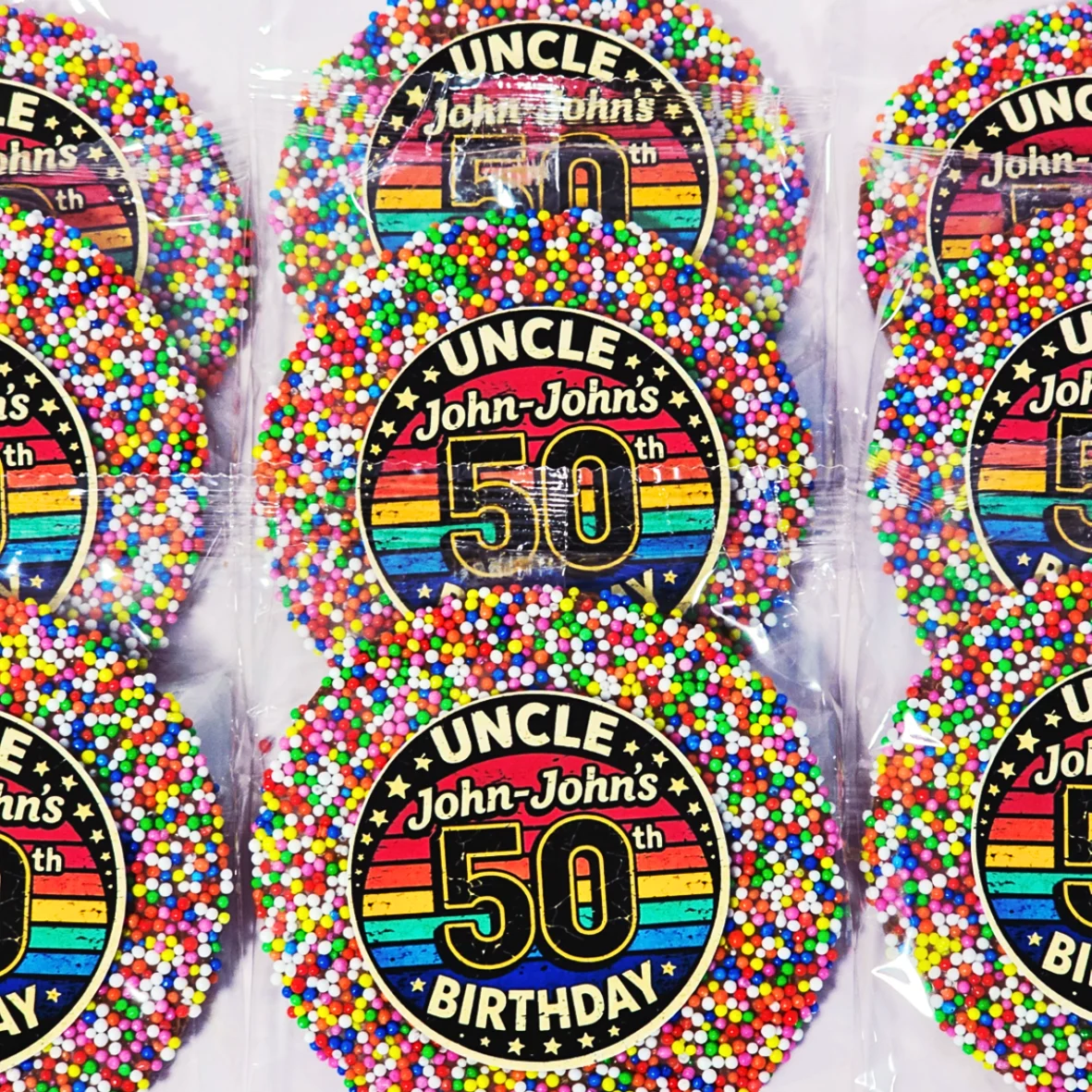 Personalised chocolate gisnt freckle party favours with colourful sprinkles for a 50th birthday celebration.
