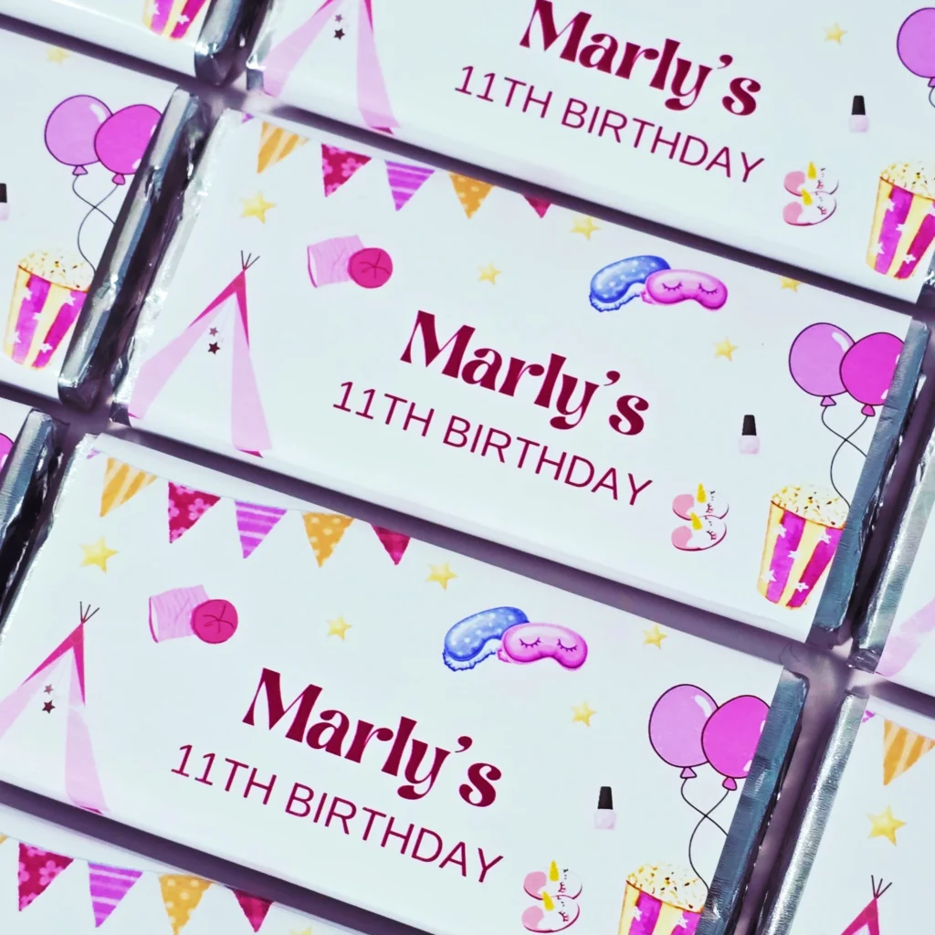 Wrapped chocolate bars for party favours and guest gifts