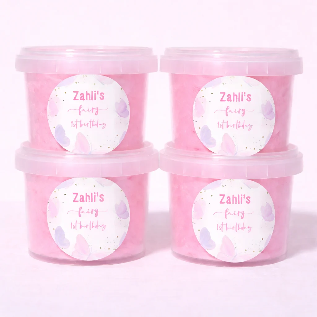 Butterfly personalised fairy floss party favour for 1st birthday with soft pastel butterfly label design