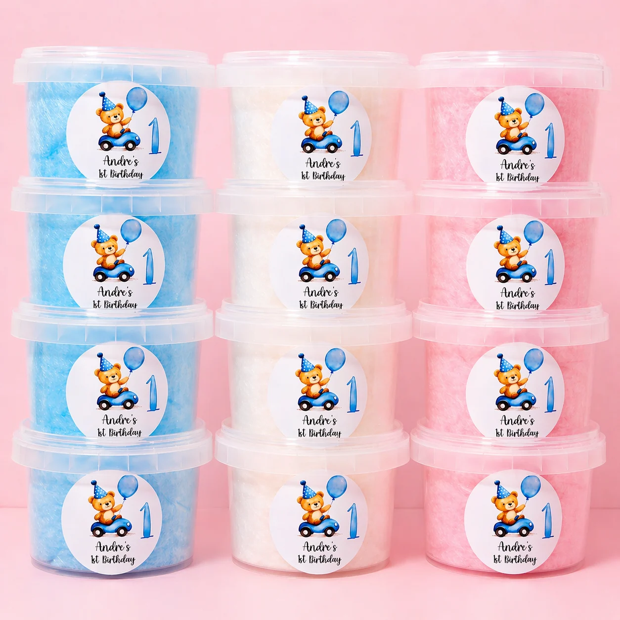 Personalised fairy floss cotton candy party favours treat for a first birthday celebration.