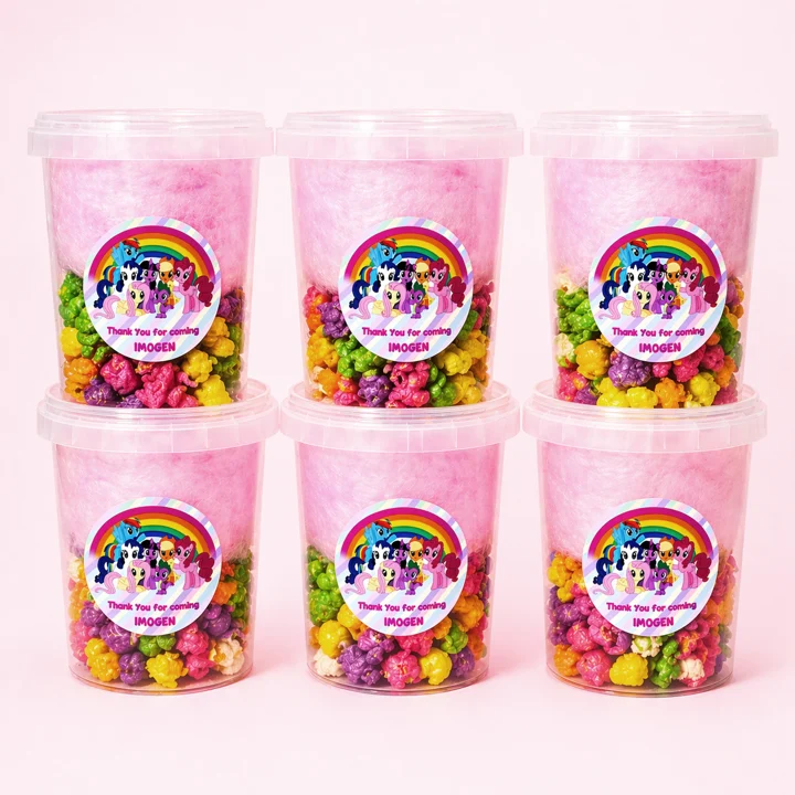 Personalised fairy floss tubs with rainbow caramel popcorn birthday party treats