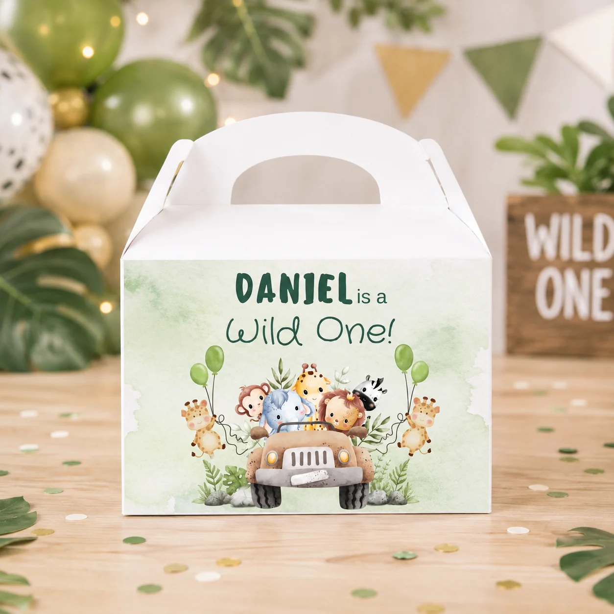 White personalised gable box with safari animals birthday design