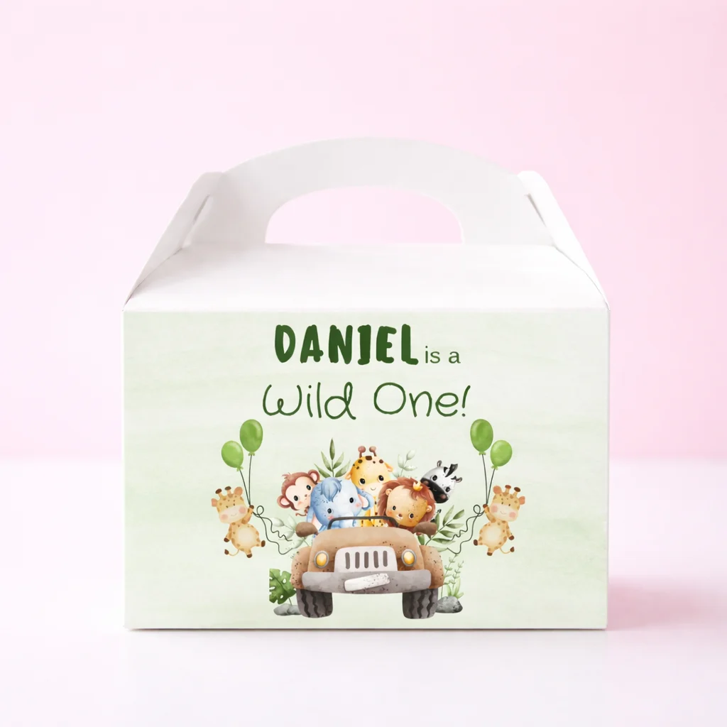 White personalised gable box with safari animals birthday design