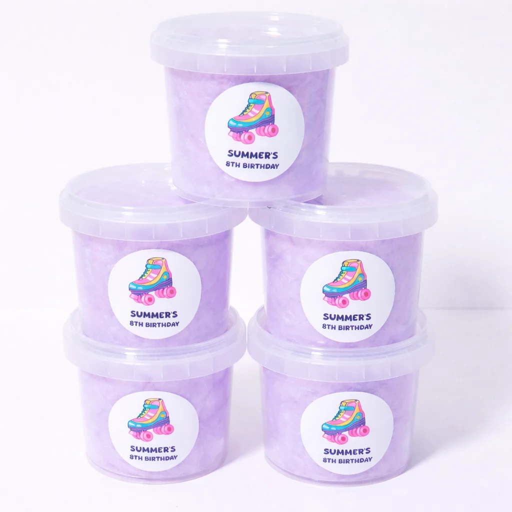 Roller skate personalised fairy floss party favour with purple fairy floss and colourful roller skate birthday design.
