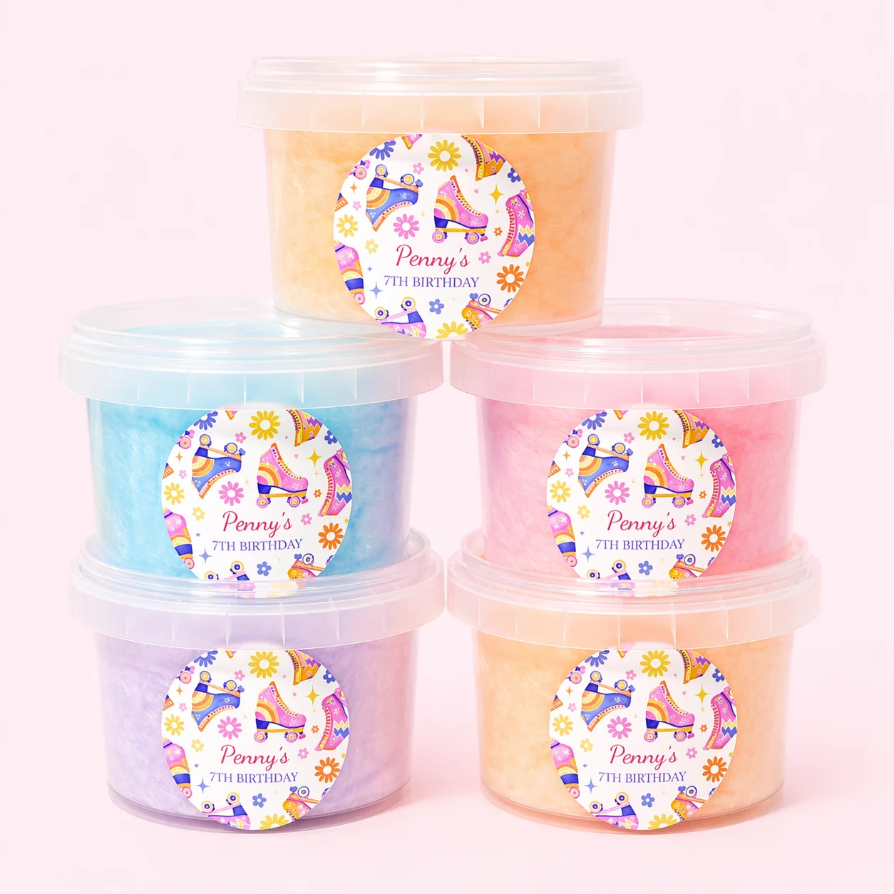 Roller skate retro themed personalised fairy floss party favours in multicolour tubs with Birthday label, featuring colourful skate and floral design, perfect for girls birthday parties
