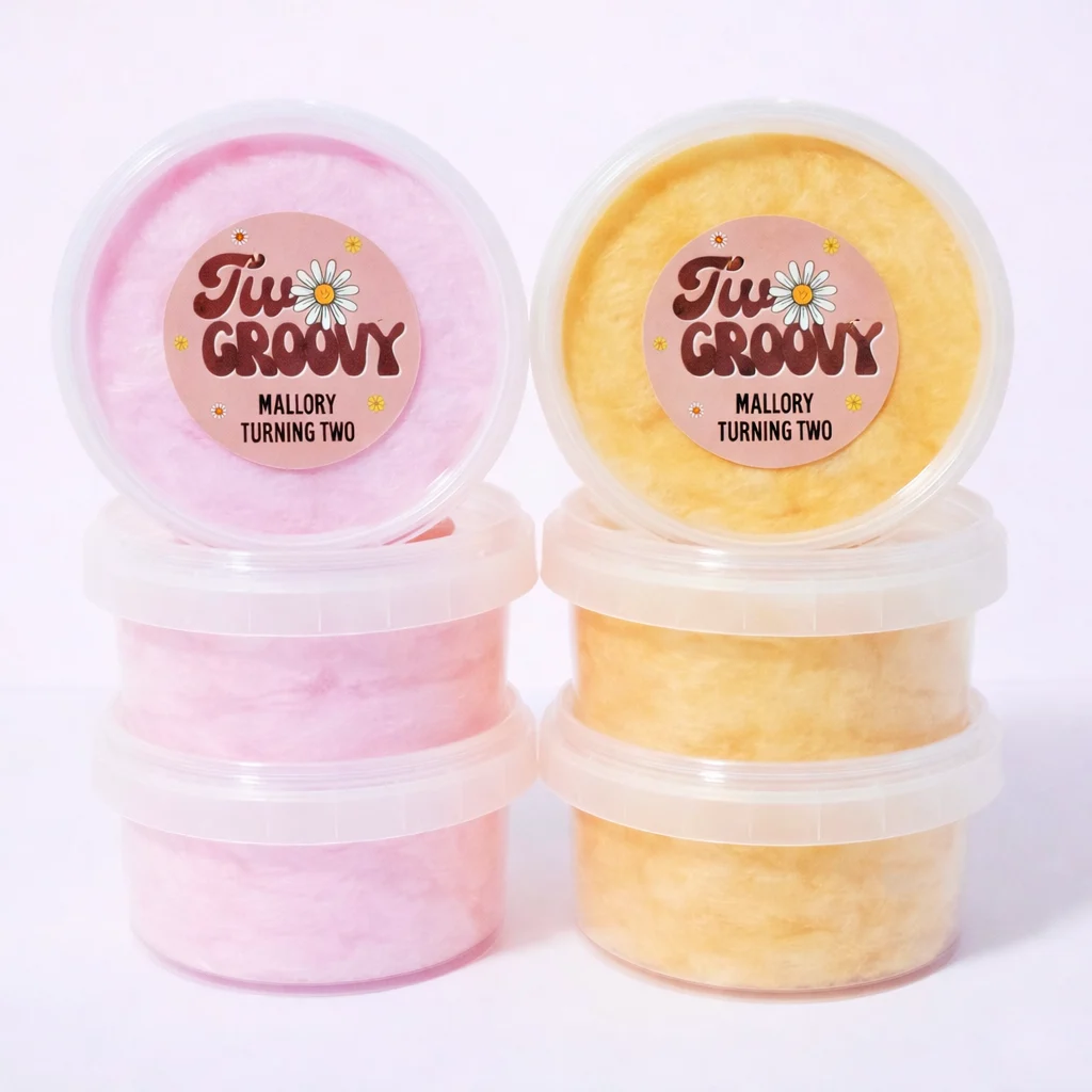 Two groovy personalised fairy floss party favour with retro daisy birthday label design