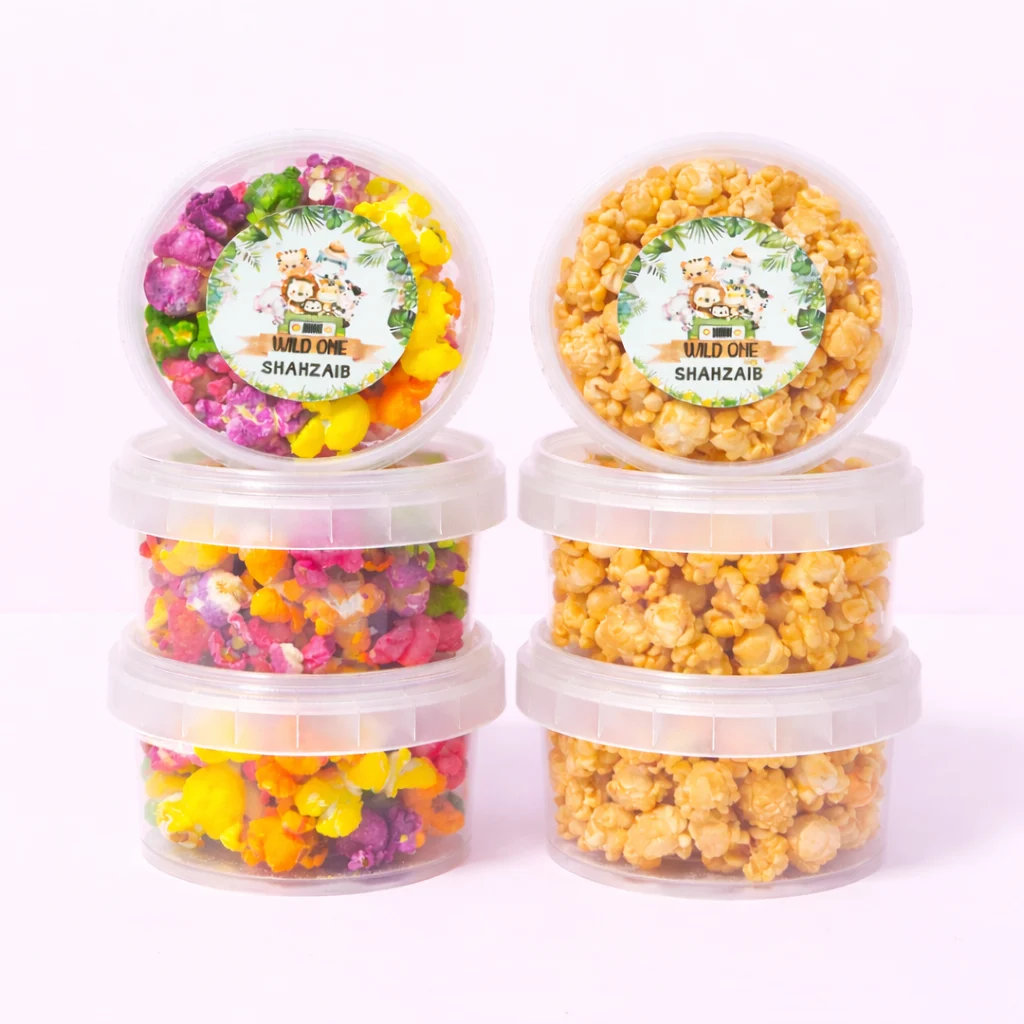 Safari Wild One personalised rainbow and caramel popcorn tubs party favours