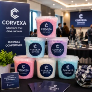 Corporate event treats fairy floss displayed at a business conference event