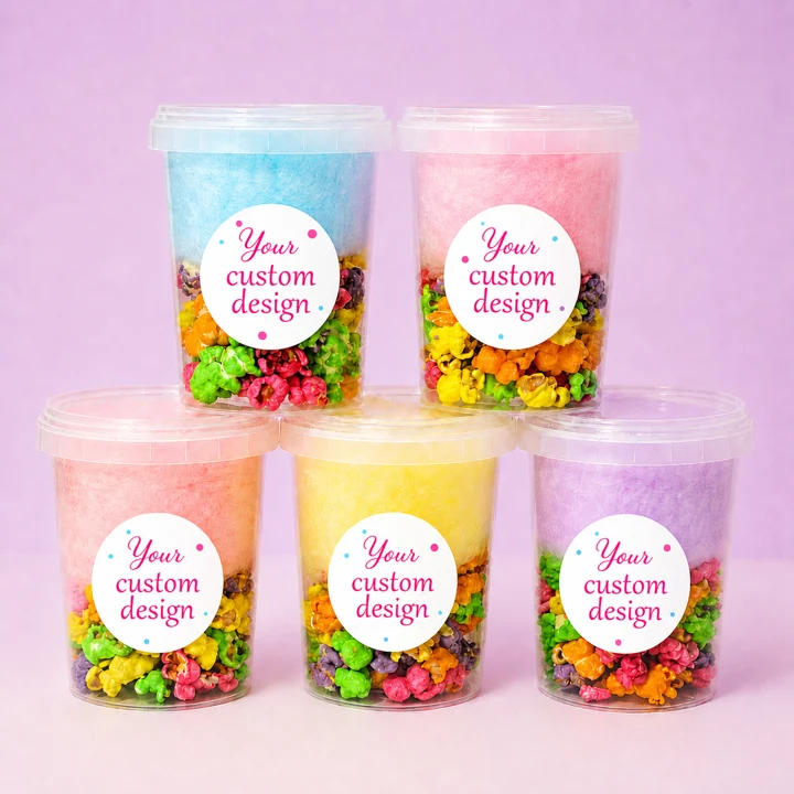 Custom personalised fairy floss and popcorn party favours with personalised label for birthdays, weddings, baby shower and corporate events