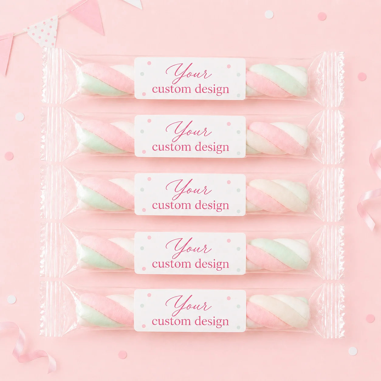 Custom personalised marshmallow twists party favours with personalised label for birthdays, weddings, baby shower and corporate events