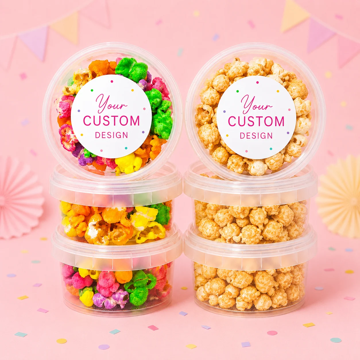 Custom personalised popcorn party favours with personalised label for rainbow or caramel popcorn or coloured popcorn tubs for birthdays, weddings, baby shower and corporate events