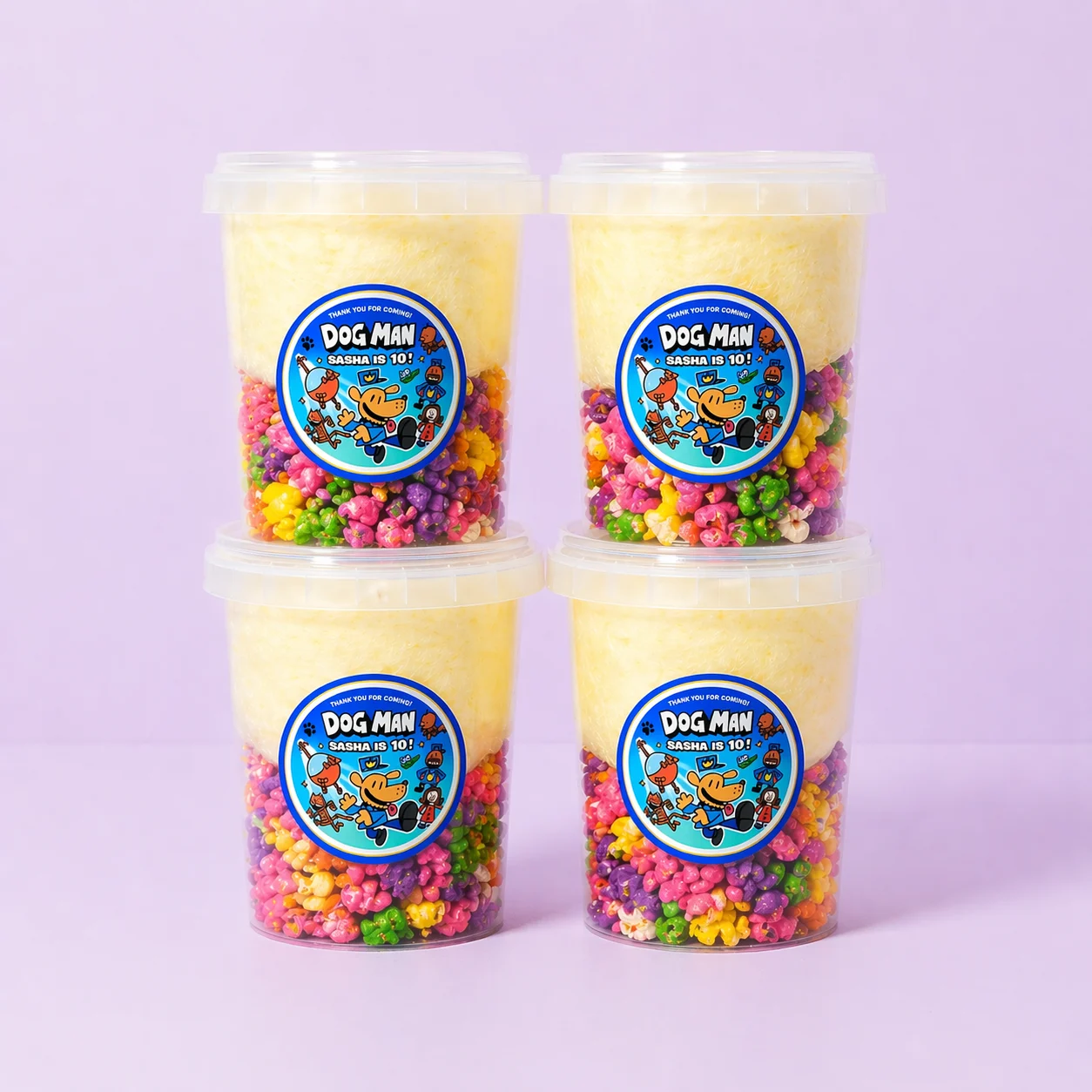 Dog Hero Comic personalised fairy floss and popcorn party favours with comic dog birthday design