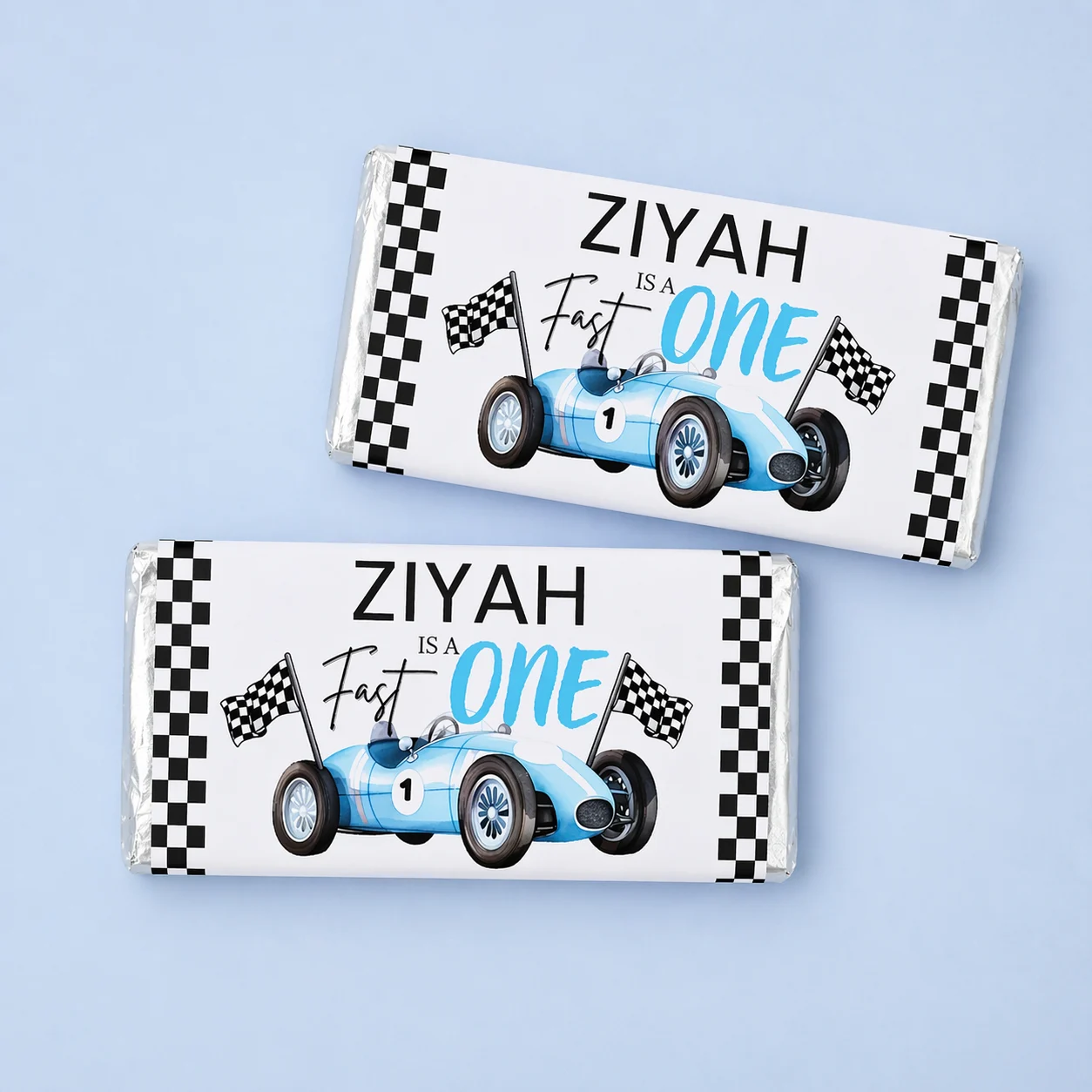 Fast One Race Car personalised chocolate bars party favours with blue racing car 1st birthday wrapper