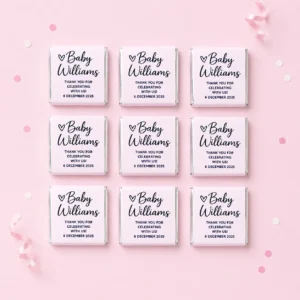 Baby shower thank you personalised mini chocolates party favours with pink baby shower wrappers