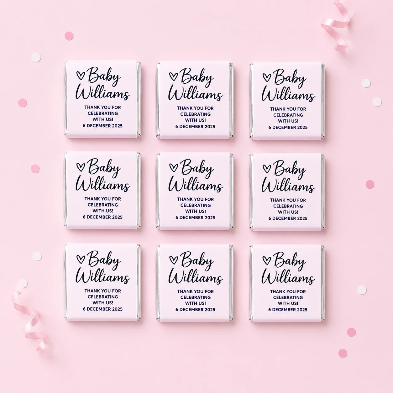 Baby shower thank you personalised mini chocolates party favours with pink baby shower wrappers