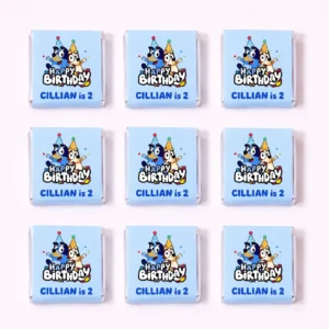 Bluey inspired personalised mini chocolates party favours with blue birthday wrappers