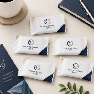 Branded candy packs with custom company logo wrappers for corporate event treats, client gifts, meetings and business promotional sweets