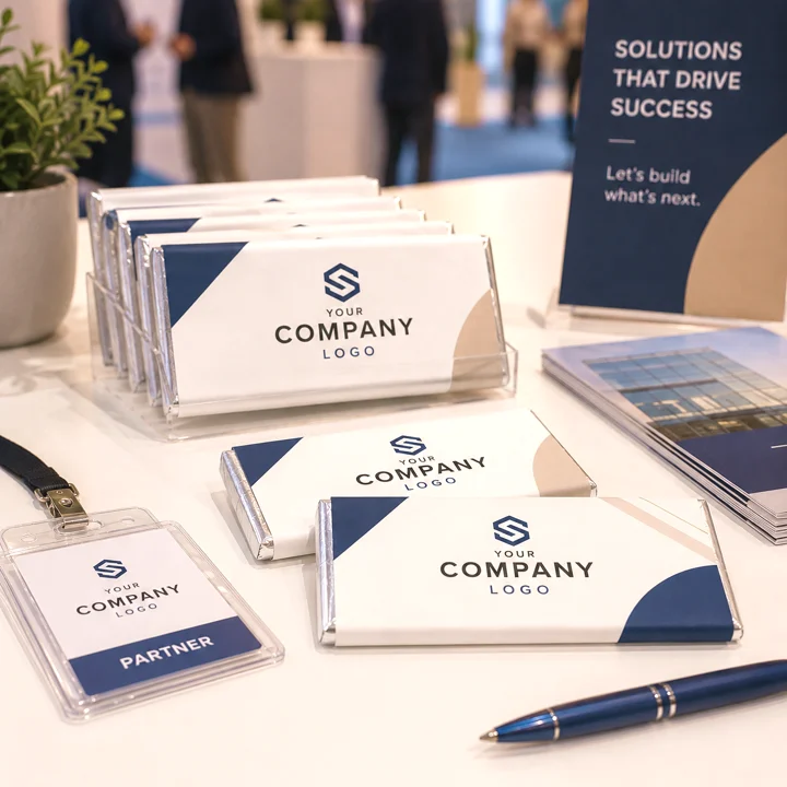 Branded personalised chocolate bars with custom company logo wrappers displayed for corporate event treats, school fundraising sweets, trade show and conference giveaways, and sporting club community events