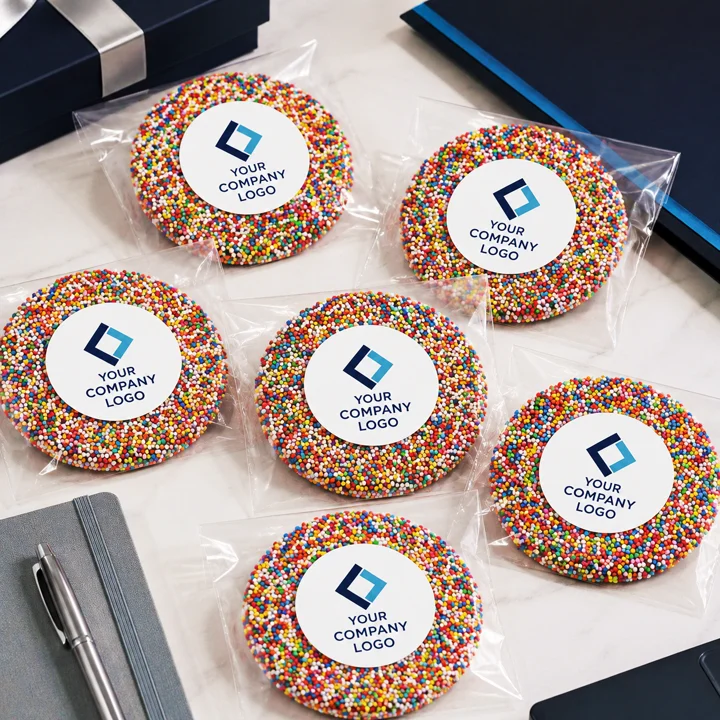 Branded personalised chocolate freckles with custom logo labels for corporate event treats, client gifts, meetings and business promotional sweets