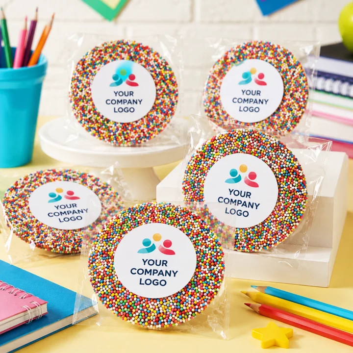 Branded personalised chocolate freckles with custom logo labels for school fundraising sweets, school events and student community support campaigns