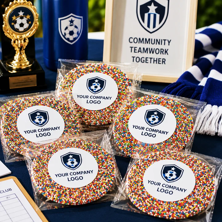 Branded personalised chocolate freckles with custom logo labels for sporting club treats, community events and supporter fundraising displays