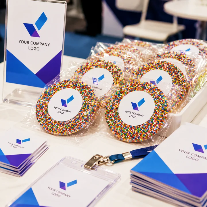 Branded personalised chocolate freckles with custom company logo labels for trade show giveaways, conference events, expos and promotional displays