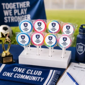 Branded swirly lollipops displayed for sports club supporter treats, team events, club fundraisers and community celebrations