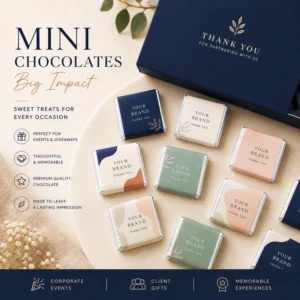 Branded personalised mini chocolates with custom logo wrappers for corpoarte mettings, trade show giveaways, conference events, expos and promotional displays