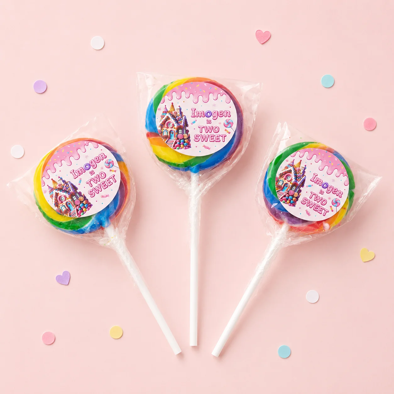 Candy Land personalised lollipops party favours with rainbow swirly lollipops and birthday labels
