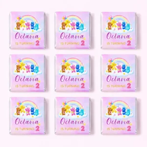 Care Bears personalised mini chocolates party favours with rainbow bear birthday wrappers