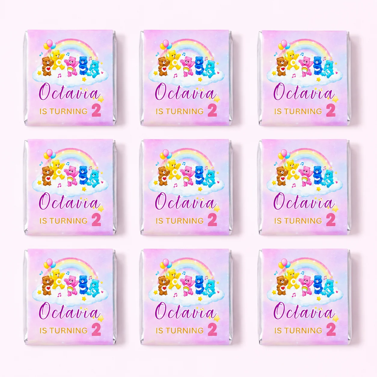 Care Bears personalised mini chocolates party favours with rainbow bear birthday wrappers
